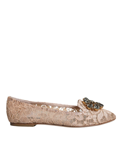 Dolce &amp; Gabbana Beige Lace Crystal Ballet Flats Loafers Shoes