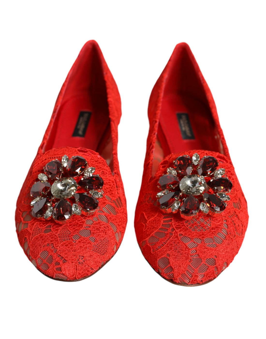 Dolce &amp; Gabbana Red Lace Crystal Ballet Flats Loafers Shoes