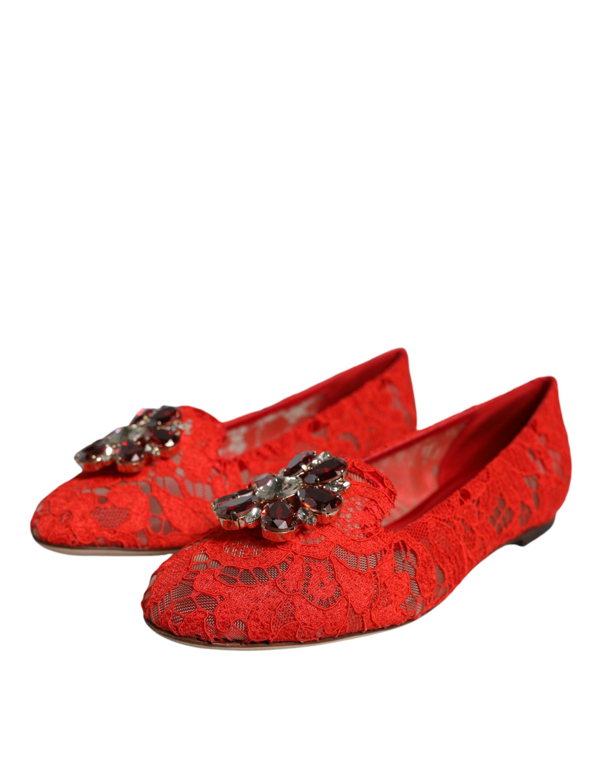 Dolce &amp; Gabbana Red Lace Crystal Ballet Flats Loafers Shoes