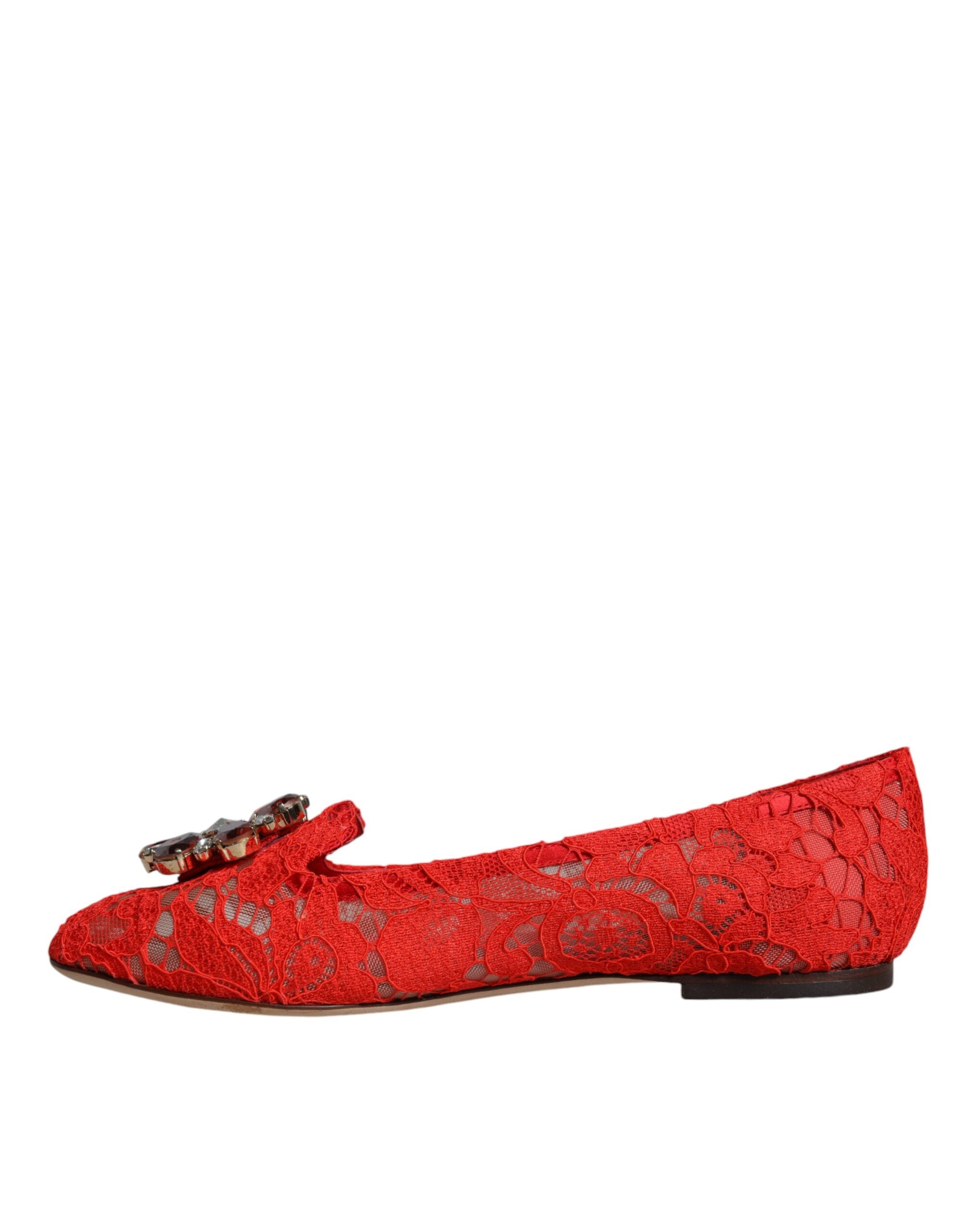 Dolce &amp; Gabbana Red Lace Crystal Ballet Flats Loafers Shoes