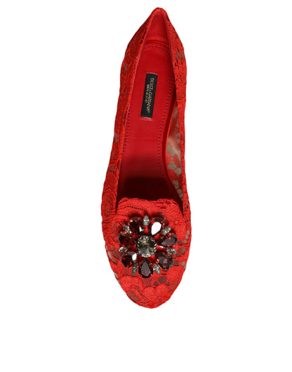 Dolce &amp; Gabbana Red Lace Crystal Ballet Flats Loafers Shoes