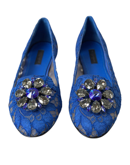 Dolce &amp; Gabbana Blue Lace Crystal Ballet Flats Loafers Shoes