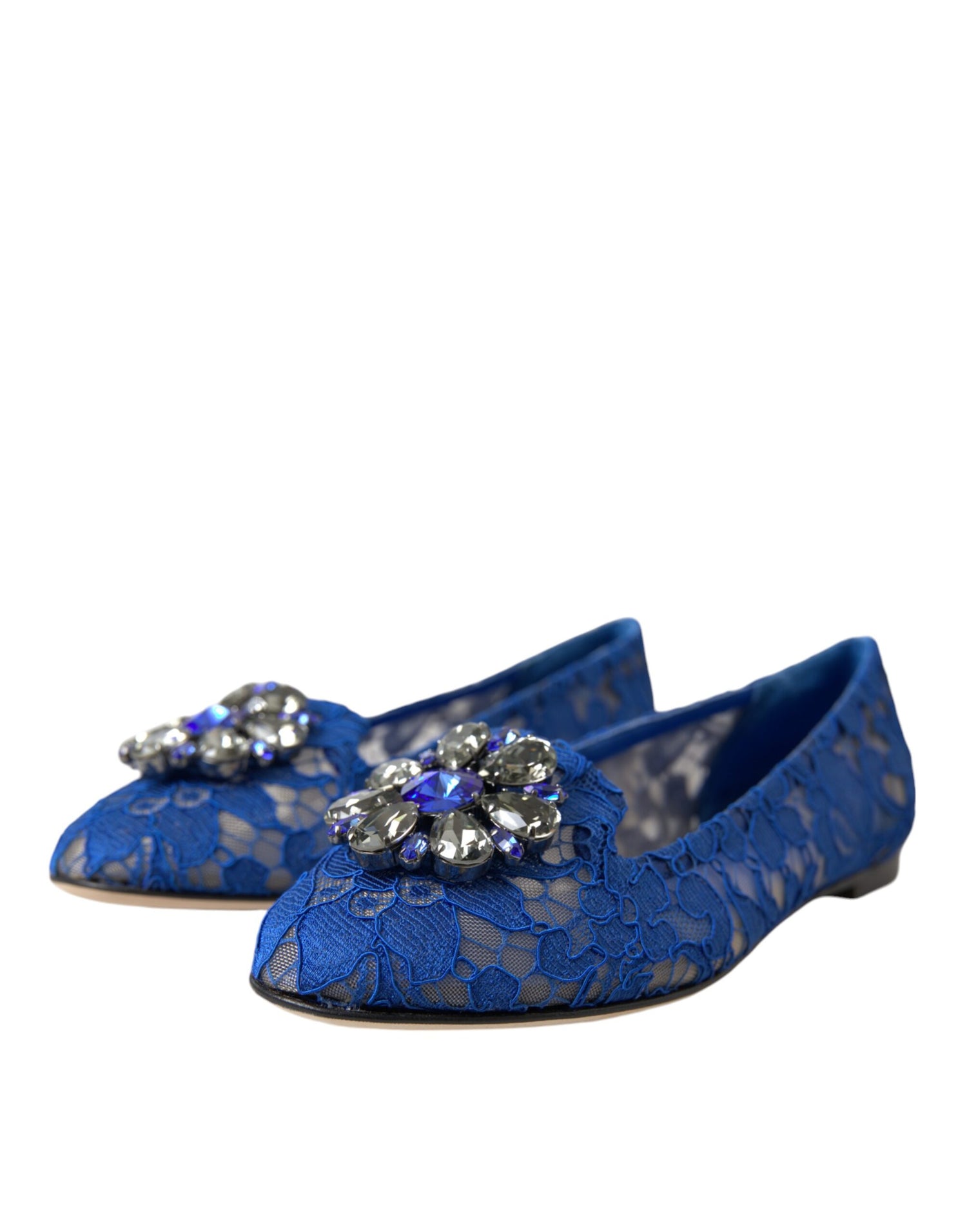 Dolce &amp; Gabbana Blue Lace Crystal Ballet Flats Loafers Shoes