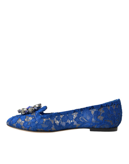 Dolce &amp; Gabbana Blue Lace Crystal Ballet Flats Loafers Shoes