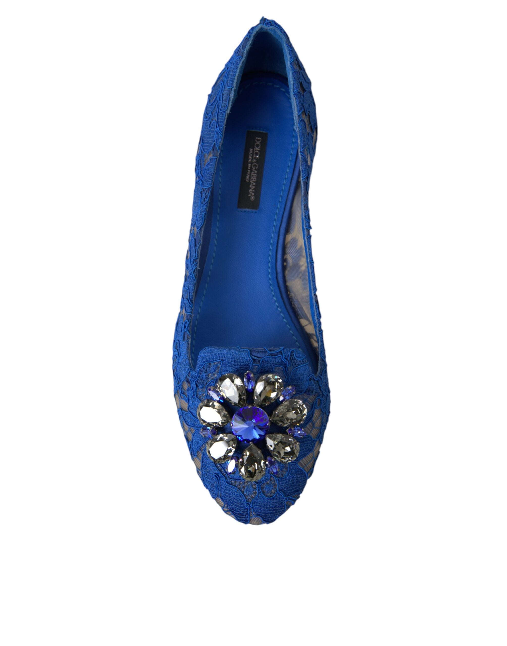 Dolce &amp; Gabbana Blue Lace Crystal Ballet Flats Loafers Shoes