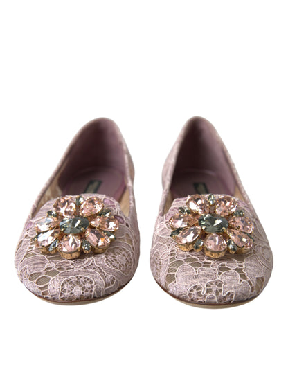 Dolce &amp; Gabbana Pink Lace Crystal Ballet Flats Loafers Shoes