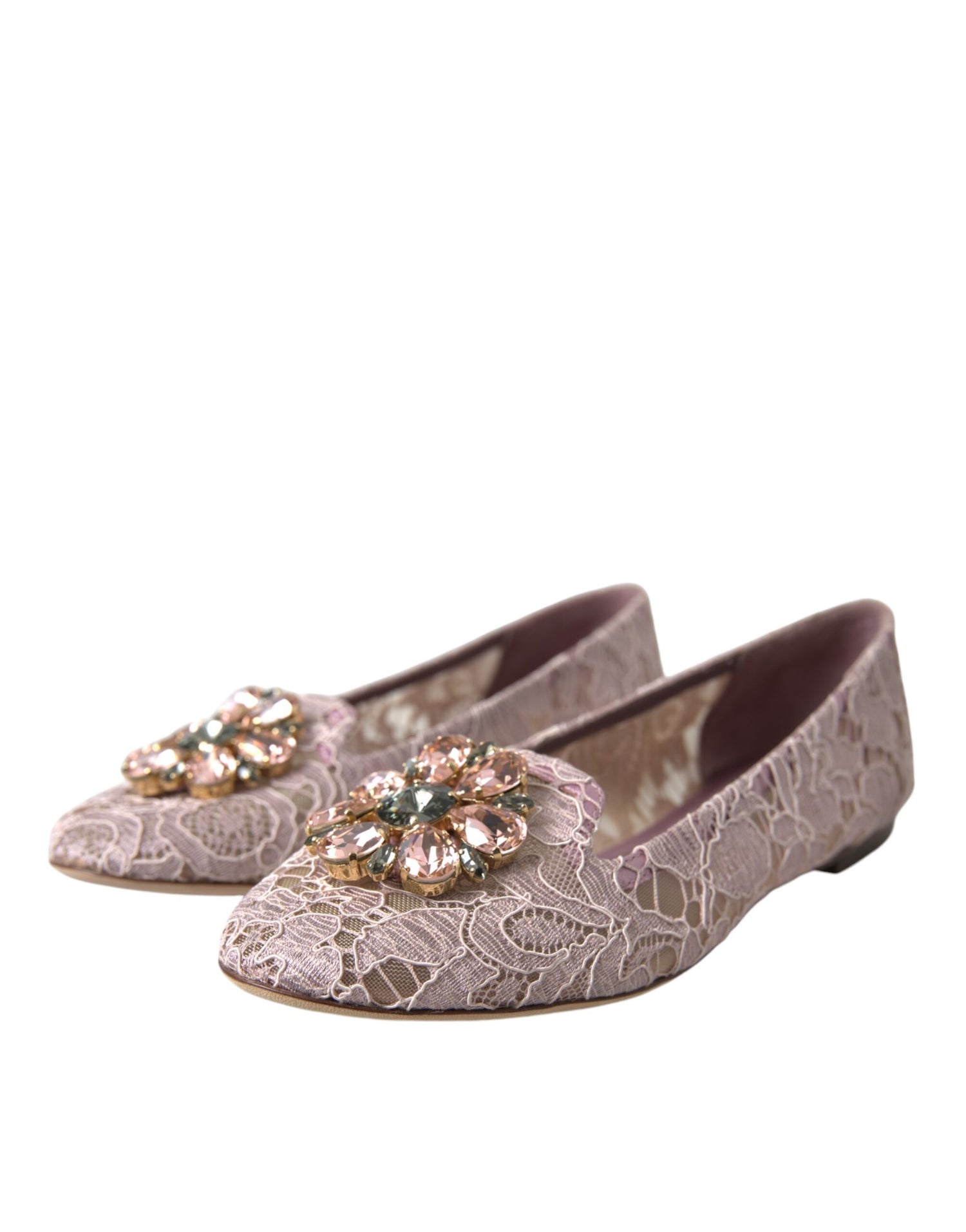 Dolce &amp; Gabbana Pink Lace Crystal Ballet Flats Loafers Shoes