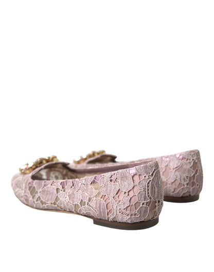 Dolce &amp; Gabbana Pink Lace Crystal Ballet Flats Loafers Shoes