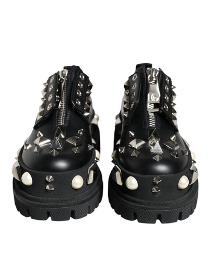 Dolce &amp; Gabbana Black Leather Embellished Derby Formal Shoes