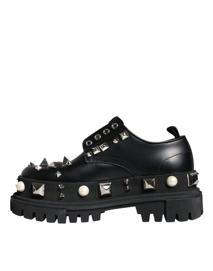 Dolce &amp; Gabbana Black Leather Embellished Derby Formal Shoes