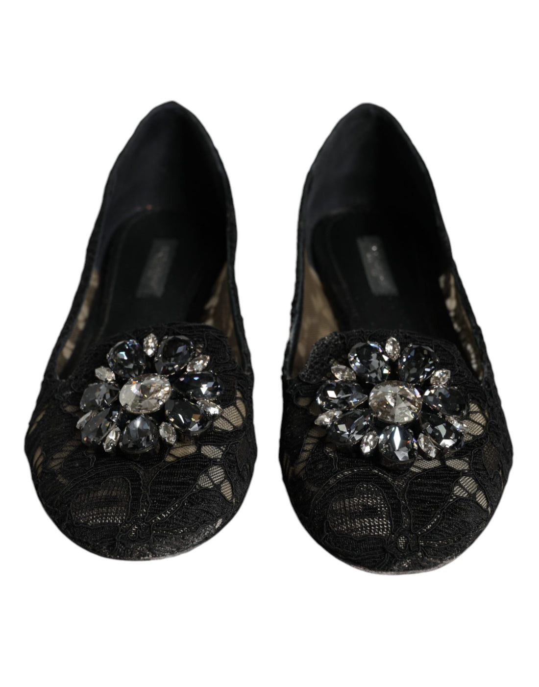 Dolce &amp; Gabbana Black Lace Crystal Ballet Flats Loafer Shoes