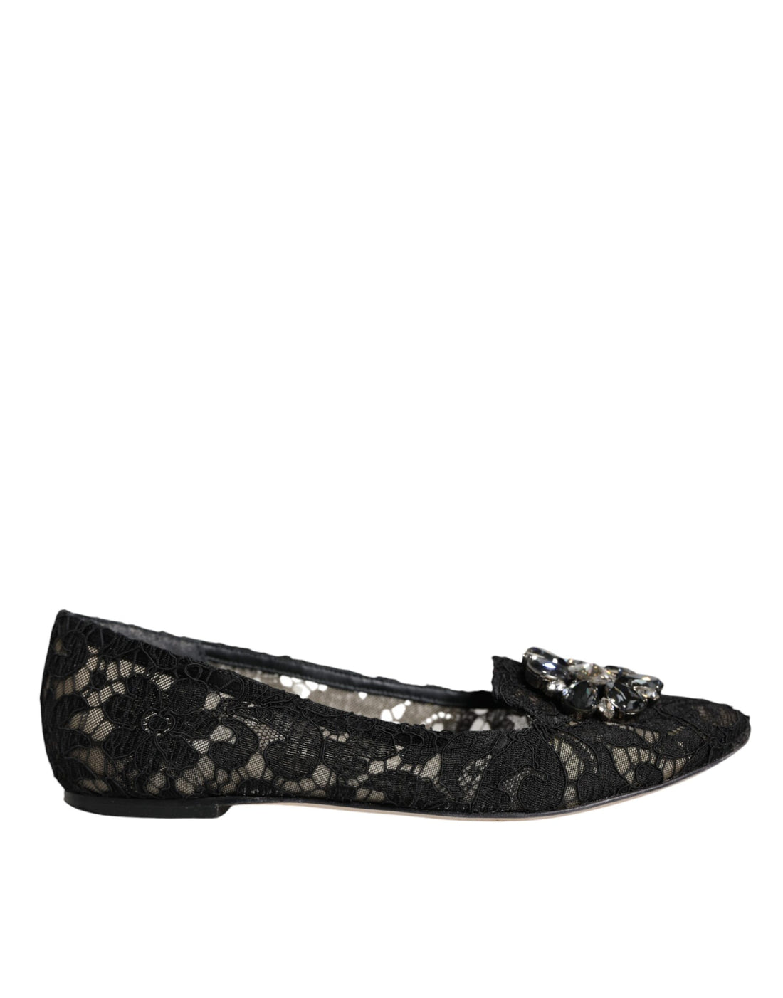 Dolce &amp; Gabbana Black Lace Crystal Ballet Flats Loafer Shoes