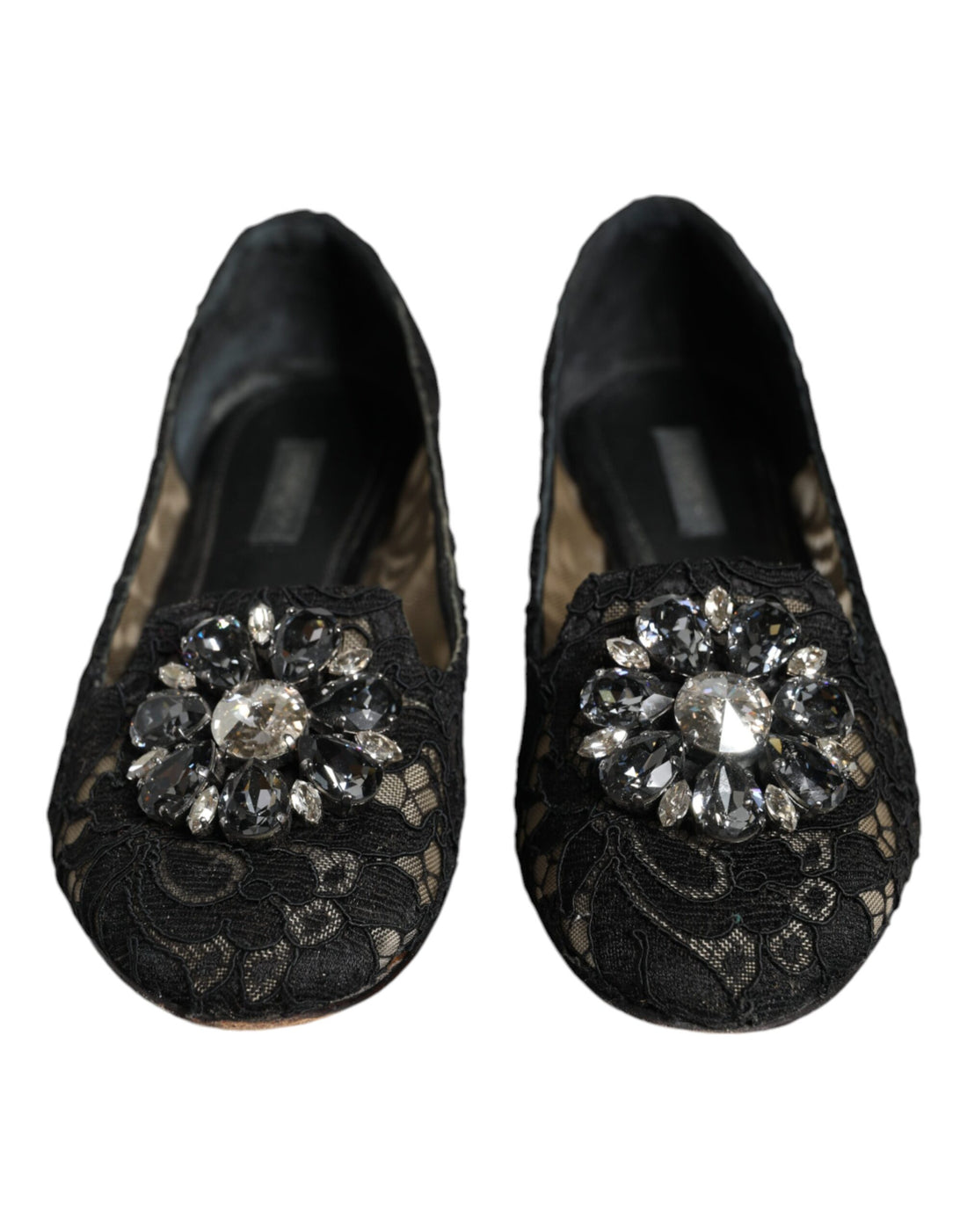 Dolce &amp; Gabbana Black Lace Crystal Ballet Flats Loafer Shoes