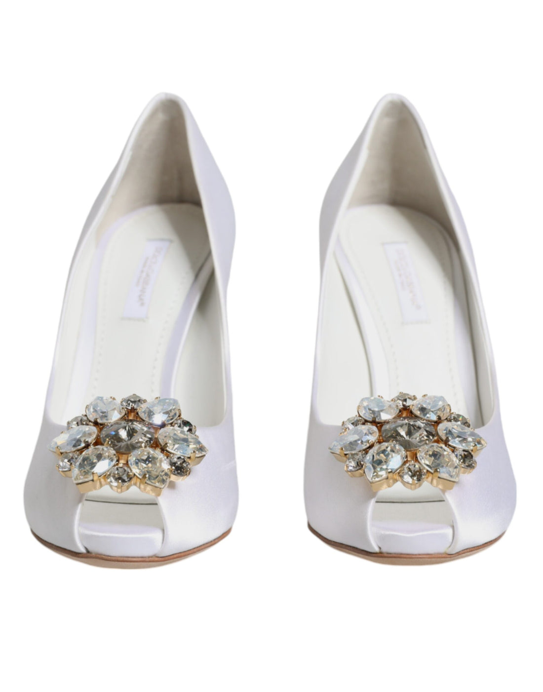 Dolce &amp; Gabbana White Crystals Peep Toe Satin Pumps Shoes