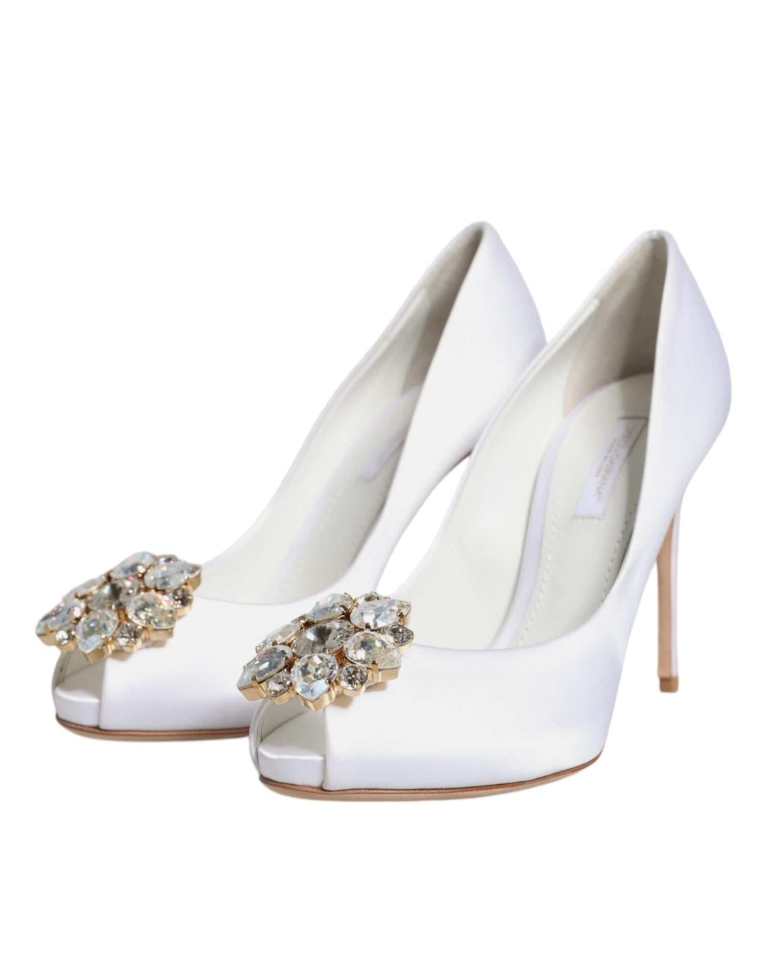 Dolce &amp; Gabbana White Crystals Peep Toe Satin Pumps Shoes