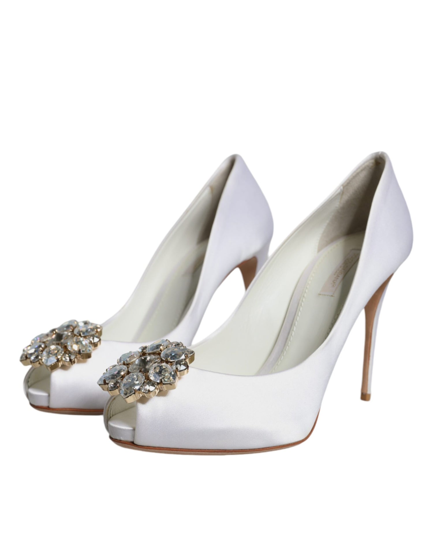 Dolce &amp; Gabbana White Crystals Peep Toe Satin Pumps Shoes