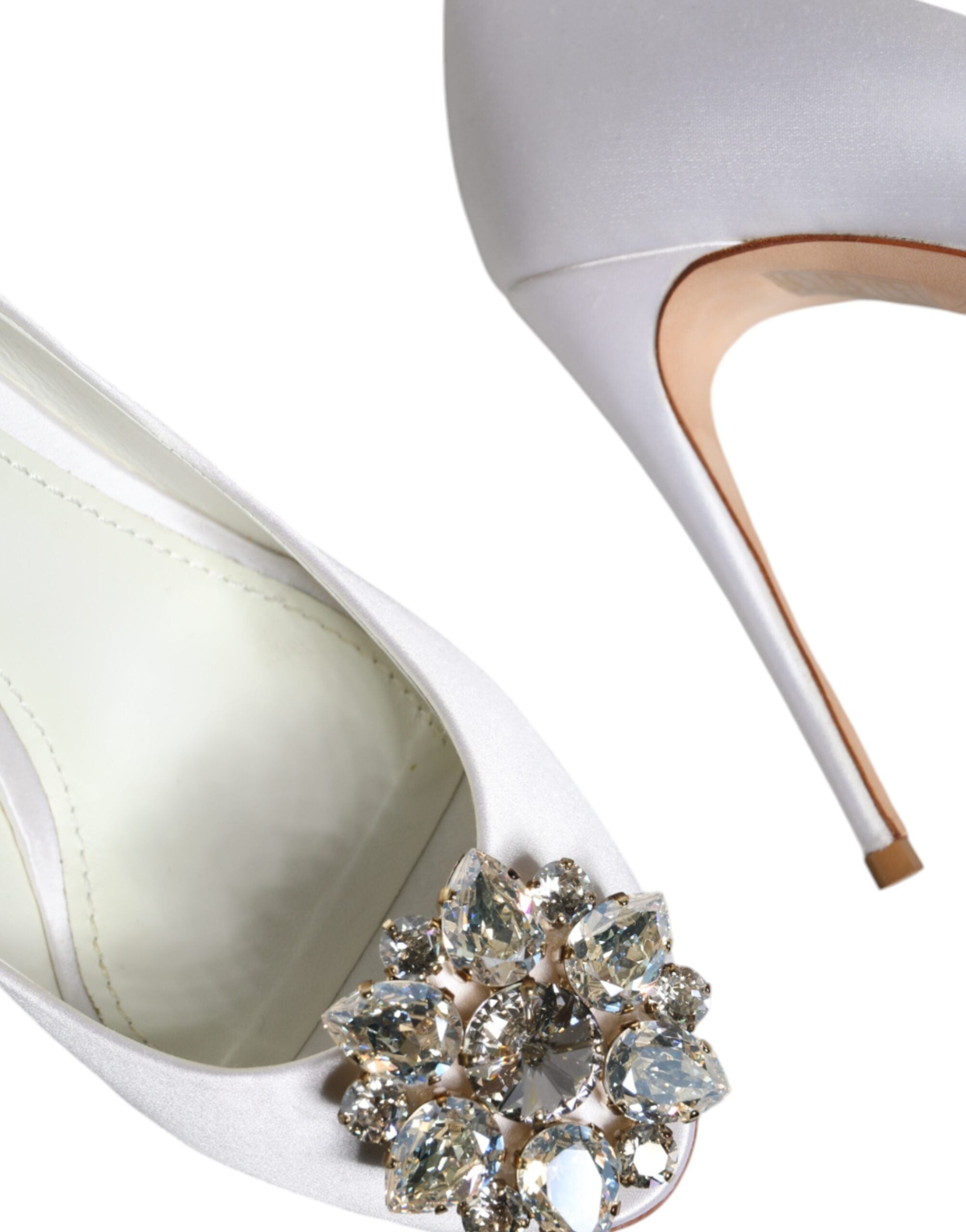 Dolce &amp; Gabbana White Crystals Peep Toe Satin Pumps Shoes