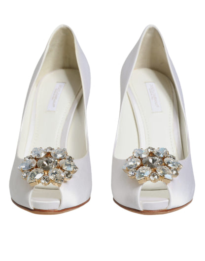 Dolce &amp; Gabbana White Crystals Peep Toe Satin Pumps Shoes