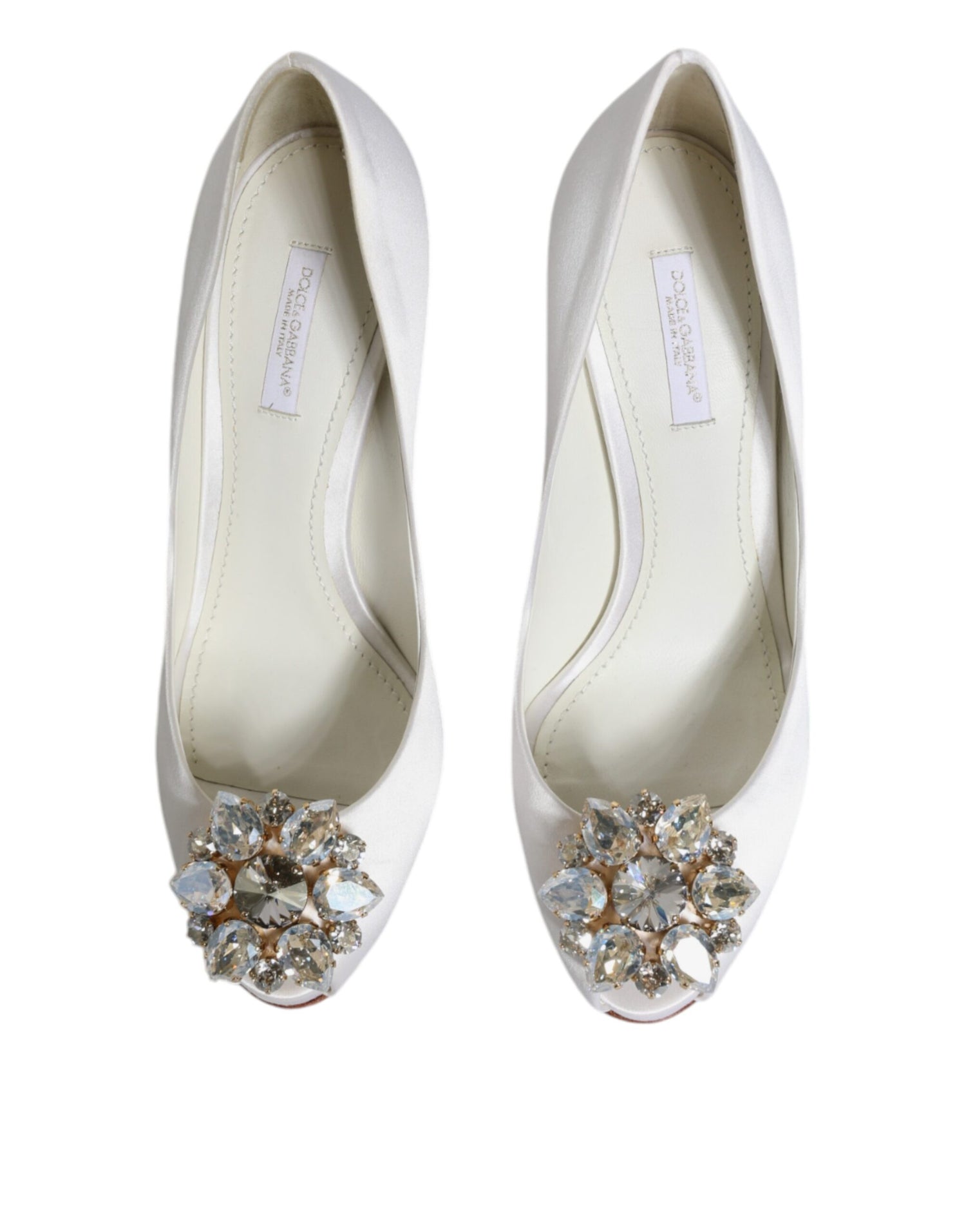 Dolce &amp; Gabbana White Crystals Peep Toe Satin Pumps Shoes