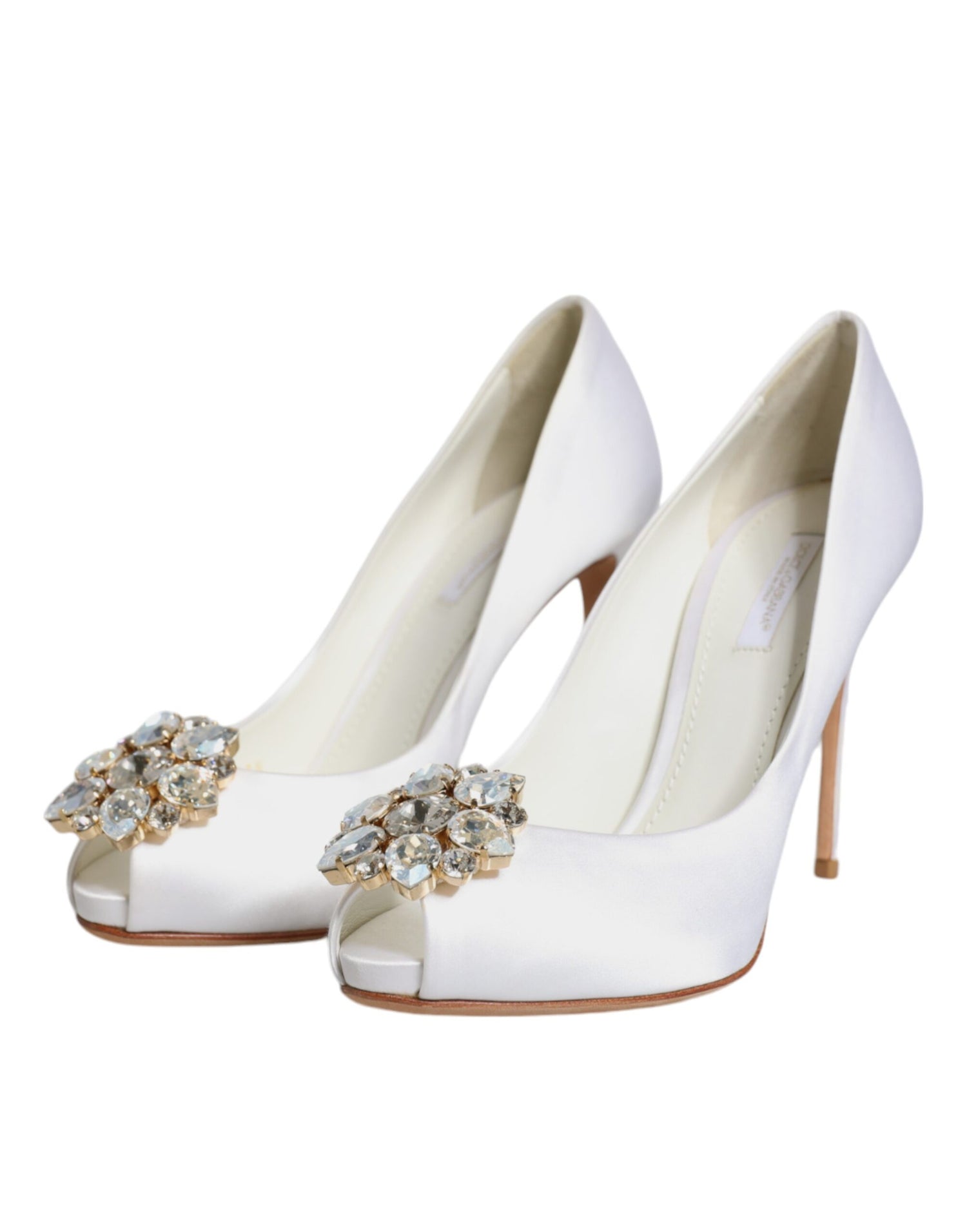 Dolce &amp; Gabbana White Crystals Peep Toe Satin Pumps Shoes