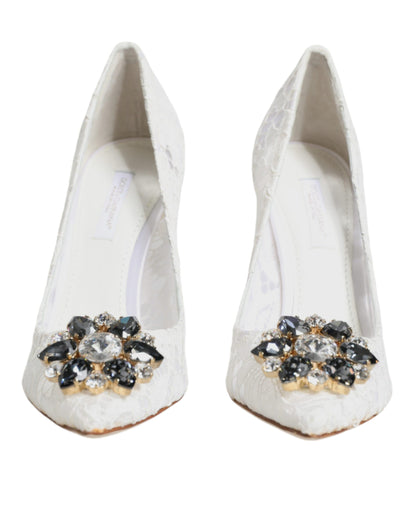 Dolce &amp; Gabbana White Taormina Lace Crystal Heels Pumps Shoes