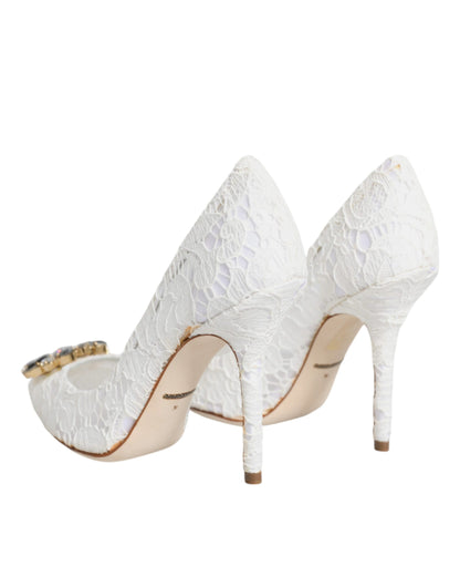 Dolce &amp; Gabbana White Taormina Lace Crystal Heels Pumps Shoes