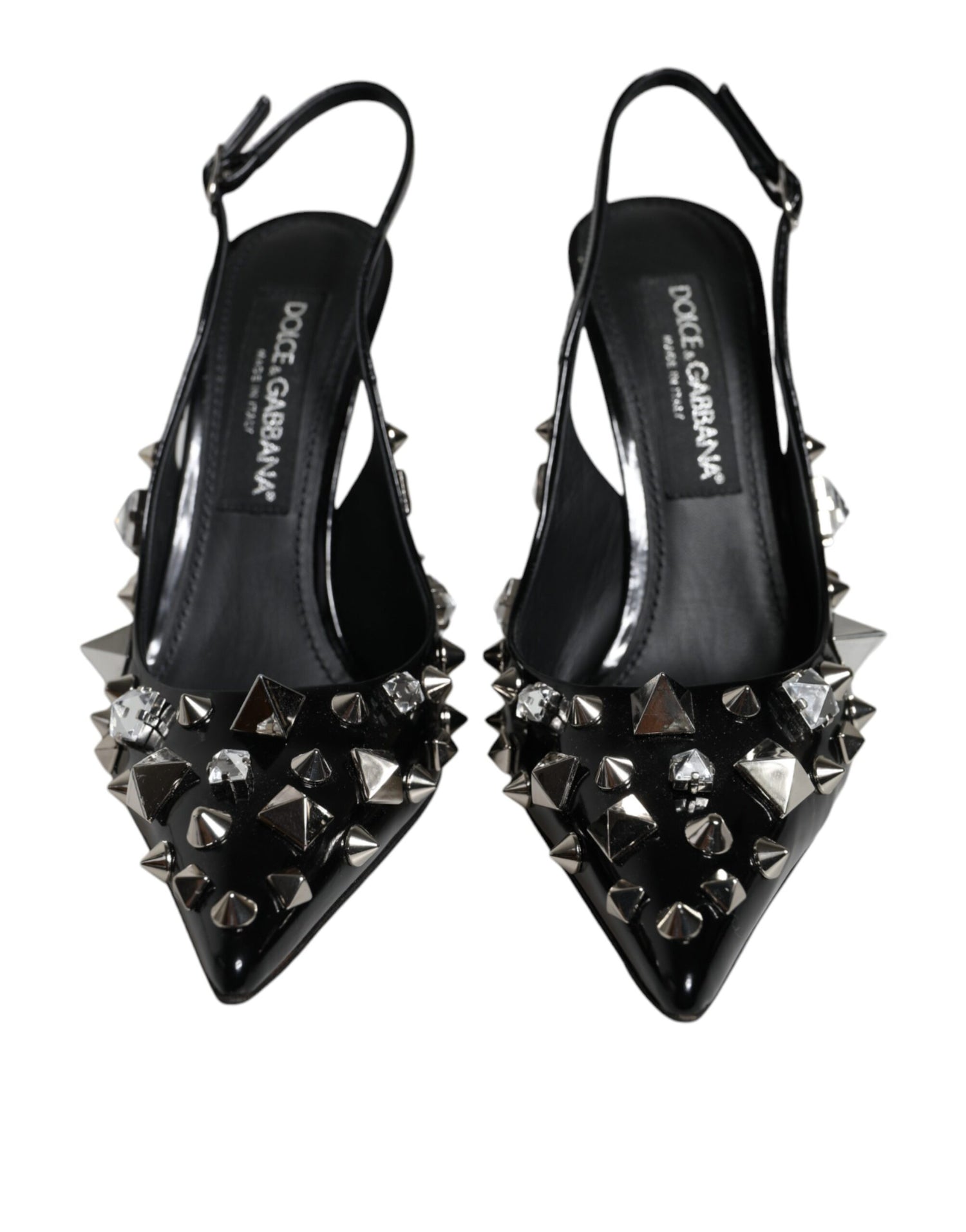 Dolce &amp; Gabbana Black Leather Crystal Stud Slingback Shoes