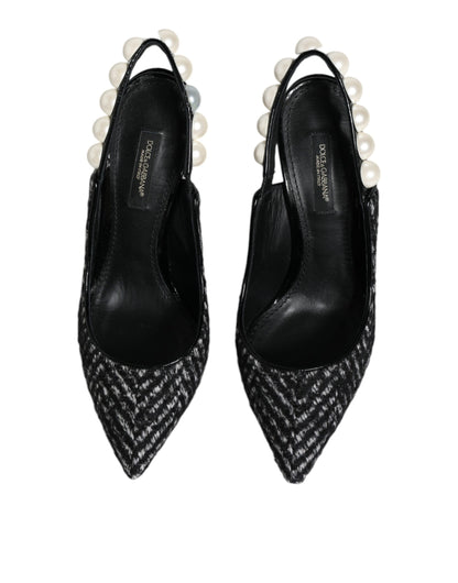 Dolce &amp; Gabbana White Black Chevron Faux Pearl Slingback Shoes