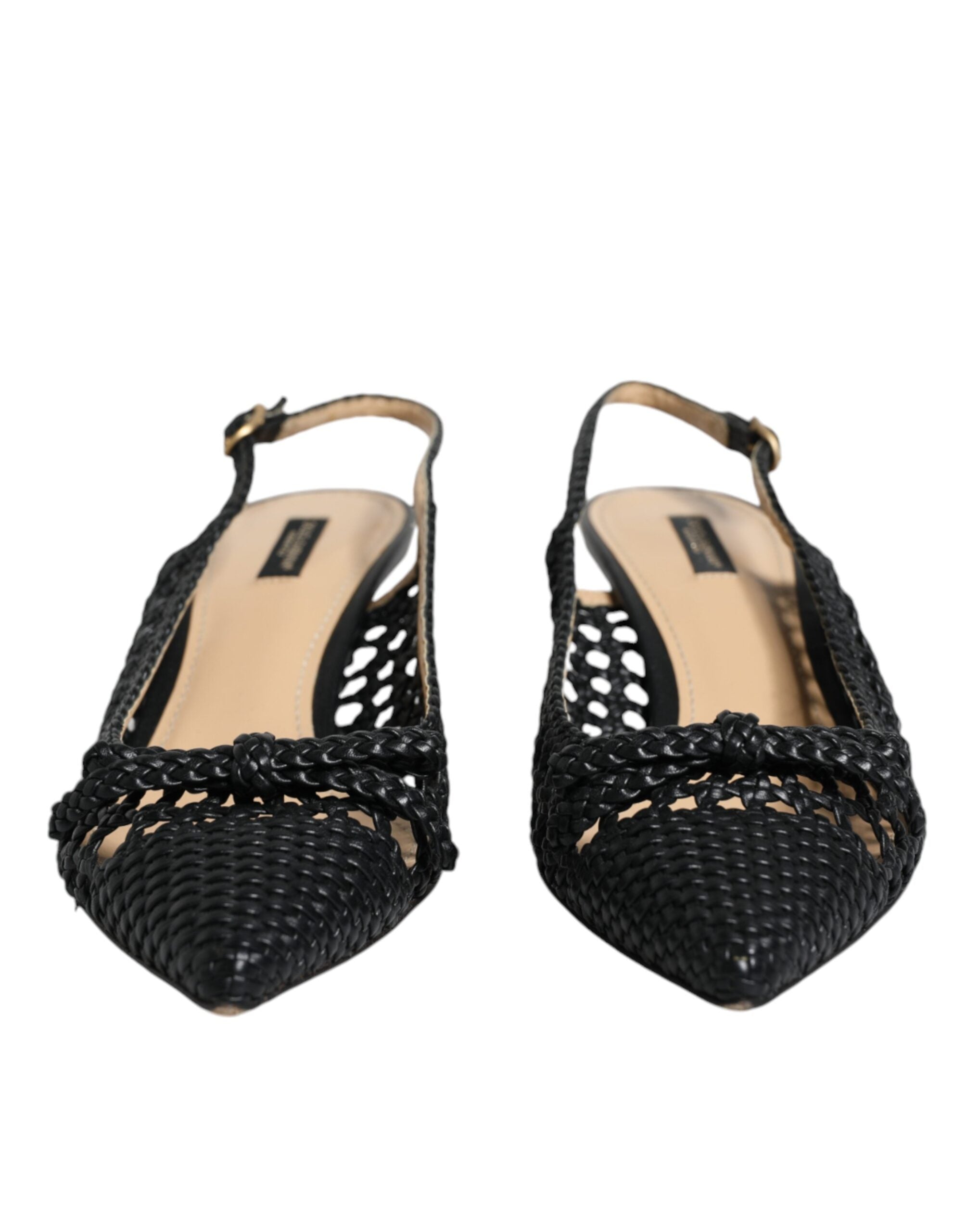 Dolce &amp; Gabbana Black Leather Woven Heels Slingback Shoes