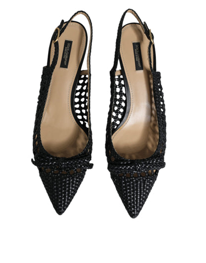 Dolce &amp; Gabbana Black Leather Woven Heels Slingback Shoes