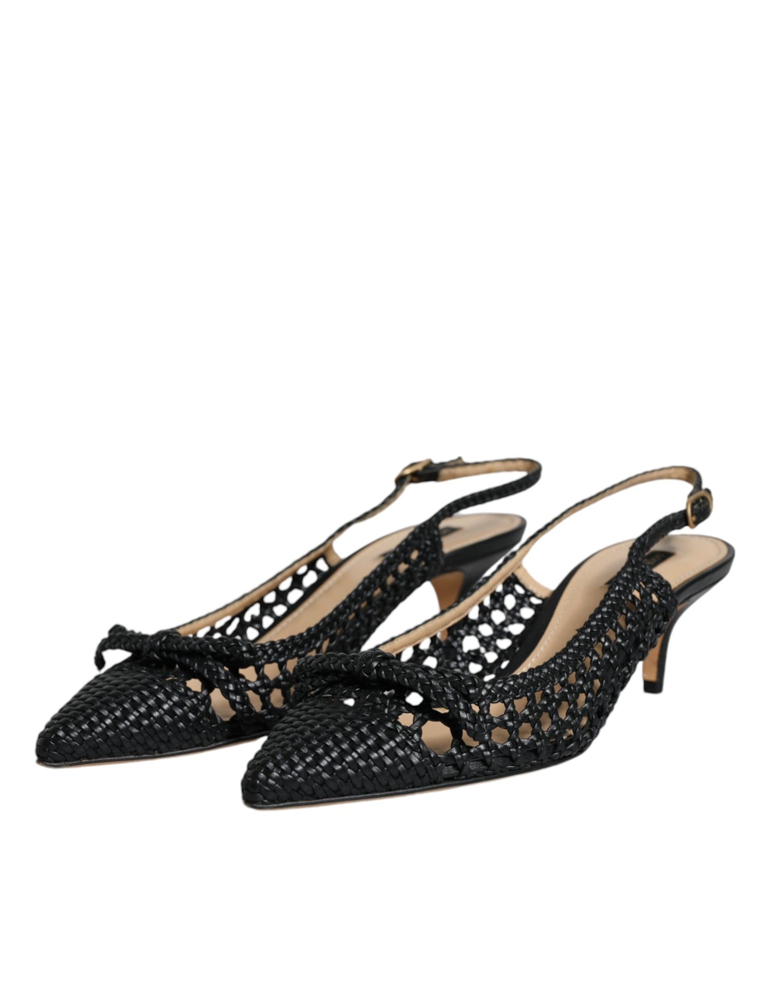 Dolce &amp; Gabbana Black Leather Woven Heels Slingback Shoes