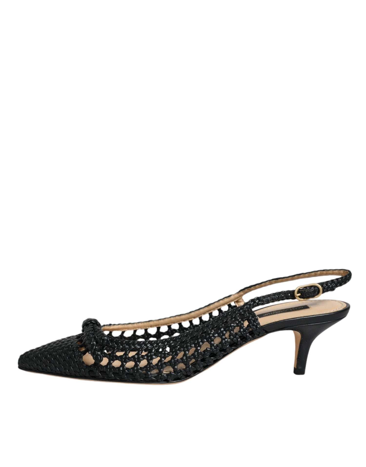 Dolce &amp; Gabbana Black Leather Woven Heels Slingback Shoes