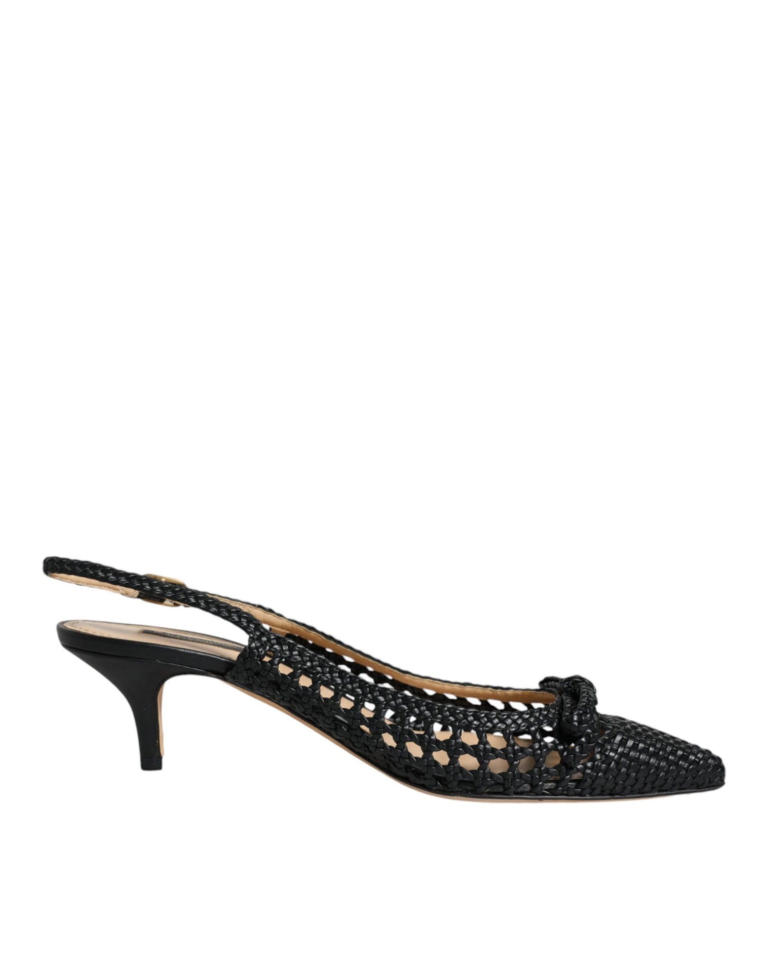 Dolce &amp; Gabbana Black Leather Woven Heels Slingback Shoes