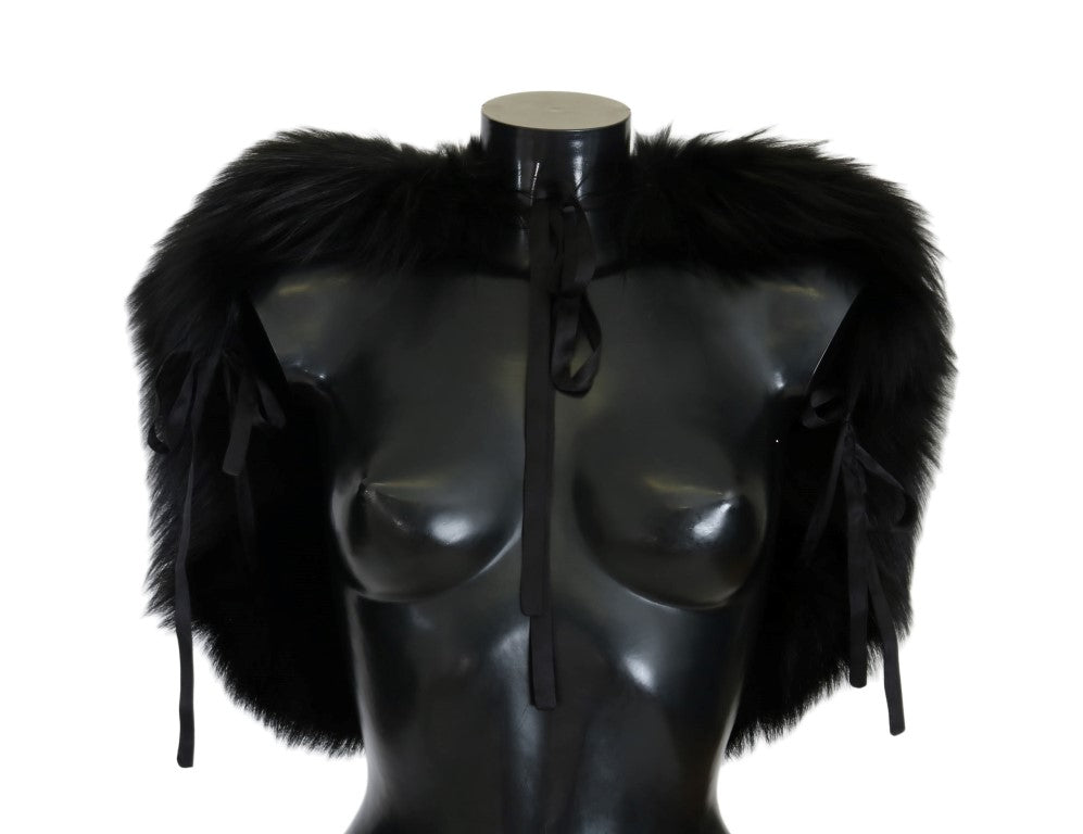 Dolce &amp; Gabbana Elegant Black Silver Fox Fur Wrap Scarf