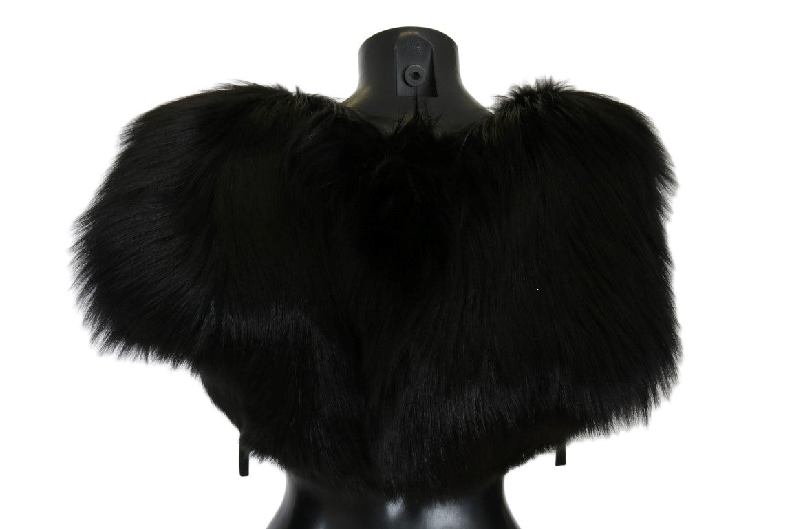 Dolce &amp; Gabbana Elegant Black Silver Fox Fur Scarf