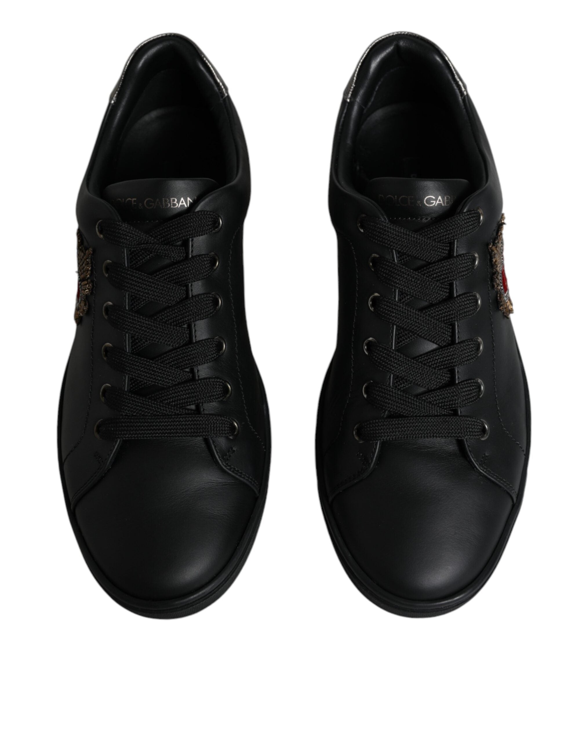 Dolce &amp; Gabbana Black Leather Heart Embellished Sneakers Shoes