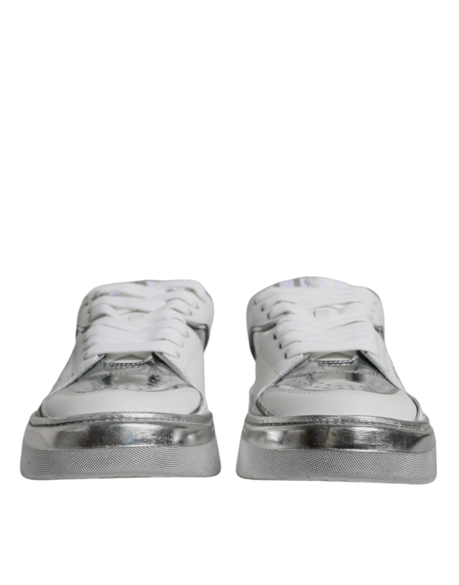 Dolce &amp; Gabbana White Silver Leather Low Top Sneakers Shoes