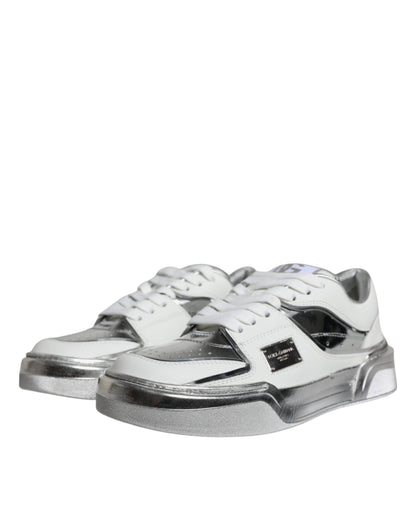 Dolce &amp; Gabbana White Silver Leather Low Top Sneakers Shoes