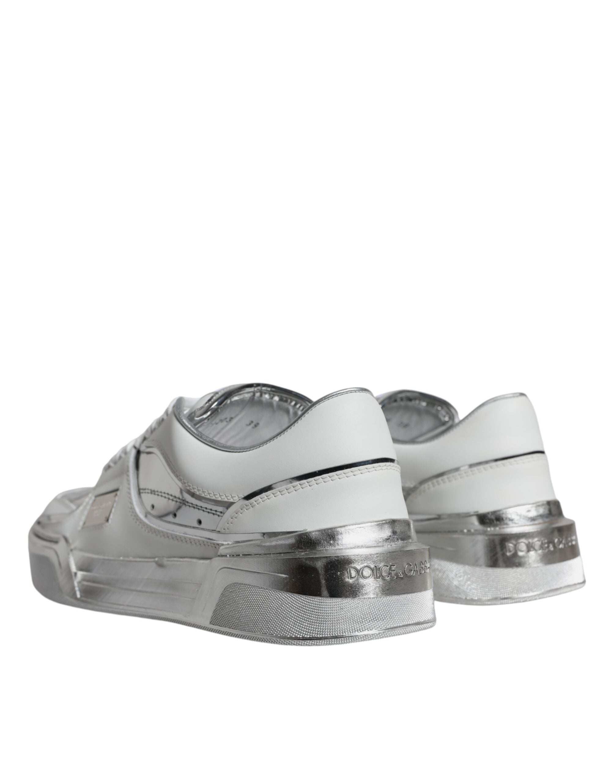 Dolce &amp; Gabbana White Silver Leather Low Top Sneakers Shoes