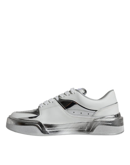 Dolce &amp; Gabbana White Silver Leather Low Top Sneakers Shoes