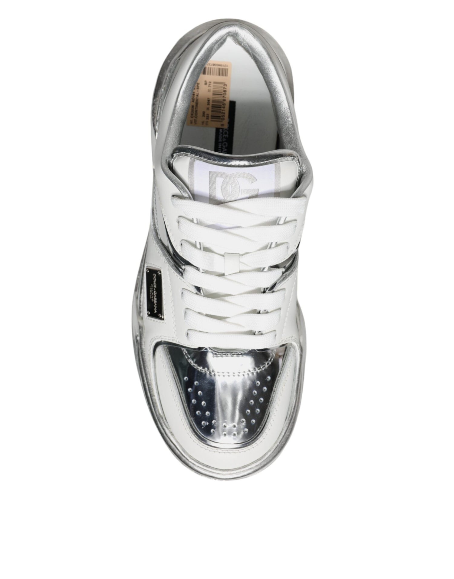 Dolce &amp; Gabbana White Silver Leather Low Top Sneakers Shoes