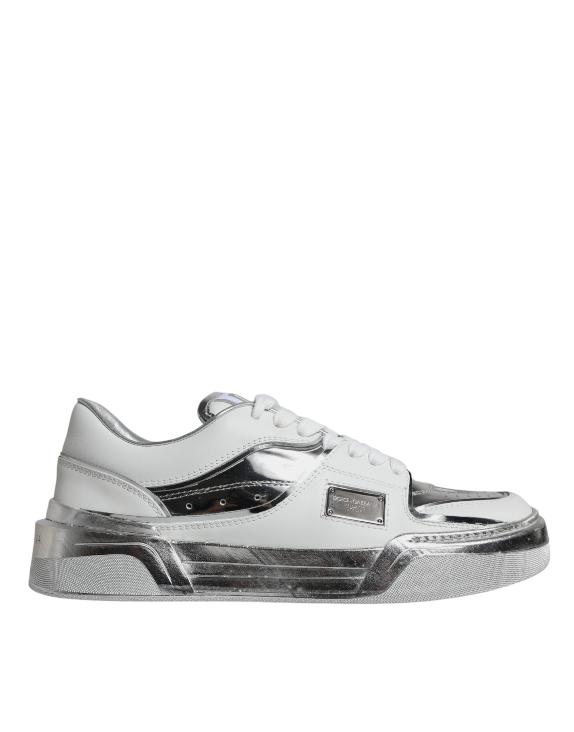 Dolce &amp; Gabbana White Silver Leather Low Top Sneakers Shoes