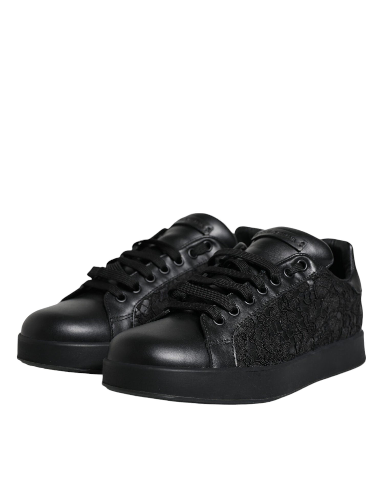 Dolce &amp; Gabbana Black Lace Leather Low Top Sneakers Shoes