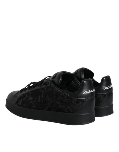 Dolce &amp; Gabbana Black Lace Leather Low Top Sneakers Shoes