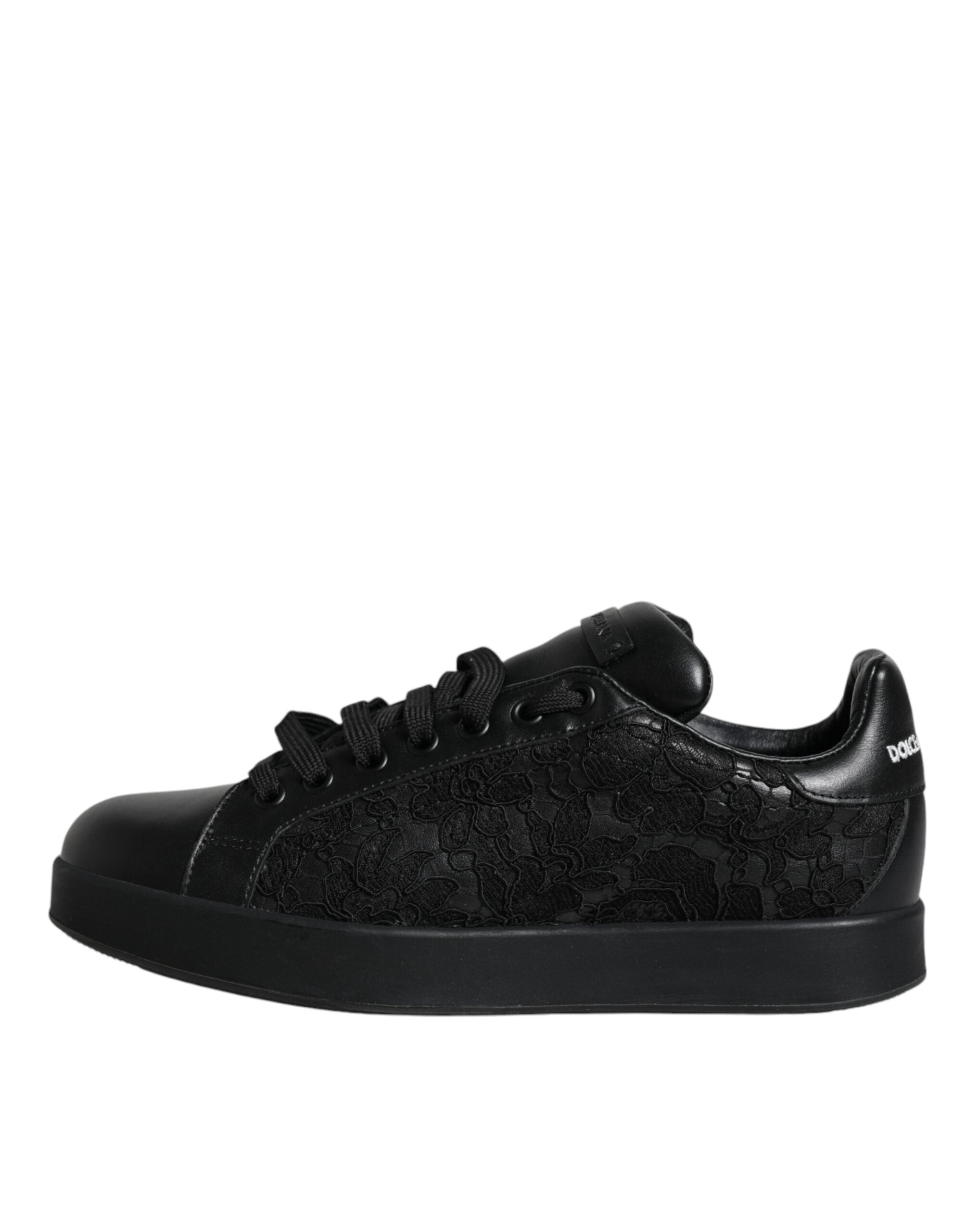 Dolce &amp; Gabbana Black Lace Leather Low Top Sneakers Shoes