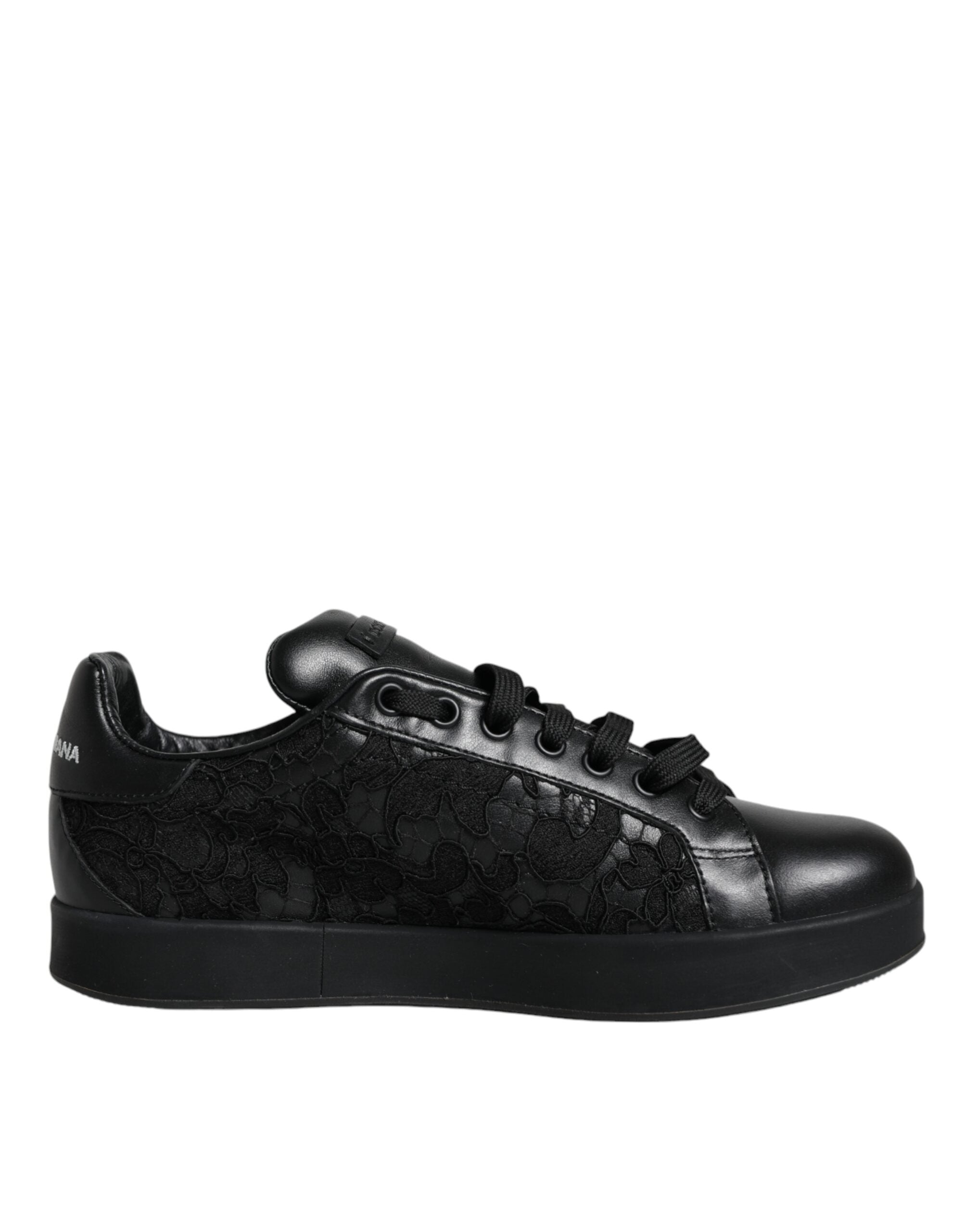 Dolce &amp; Gabbana Black Lace Leather Low Top Sneakers Shoes