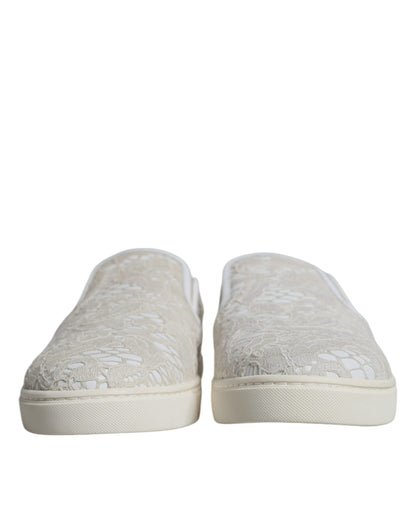 Dolce &amp; Gabbana White Leather Lace Slip On Loafers Shoes