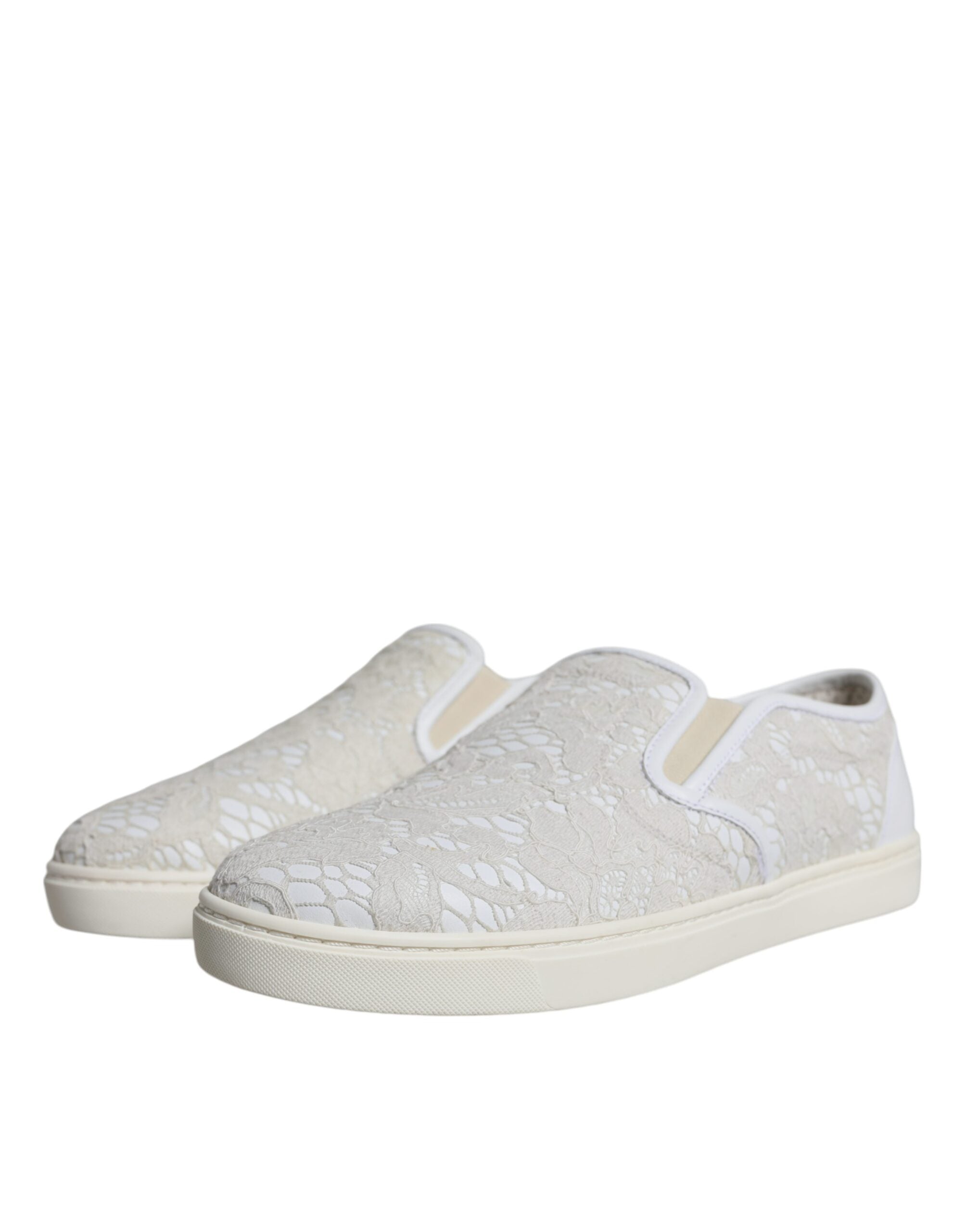 Dolce &amp; Gabbana White Leather Lace Slip On Loafers Shoes