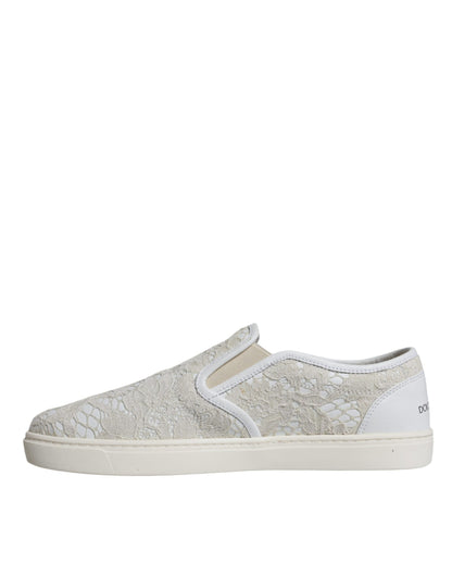 Dolce &amp; Gabbana White Leather Lace Slip On Loafers Shoes