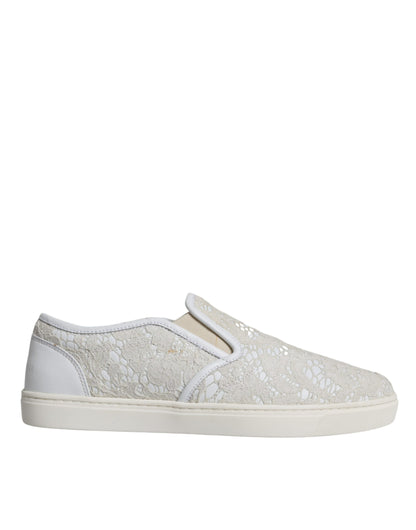 Dolce &amp; Gabbana White Leather Lace Slip On Loafers Shoes